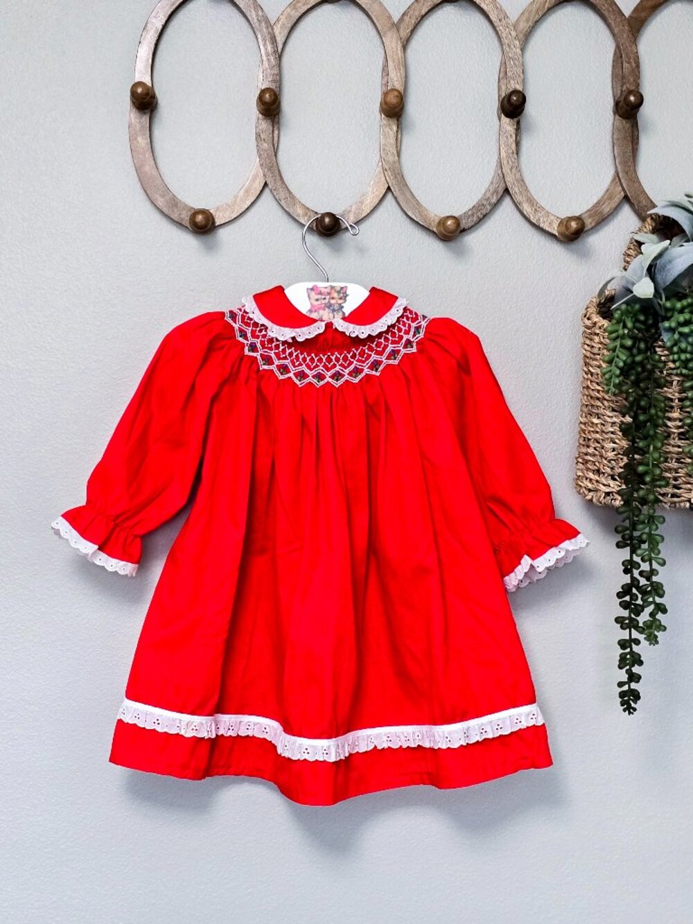 Vintage Polly Flinders Hand Smocked Christmas Dress Red Barbados Girls 4T